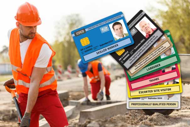 Construction worker on site alongside a stack of CSCS card types, illustrating the UK construction skills shortage
